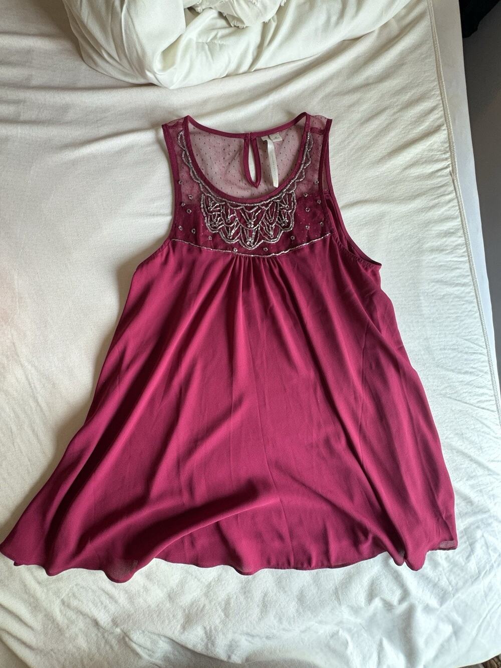 Lauren Conrad LC Size M Magenta Beaded Mesh Babydoll Tunic Top Y2K Boho